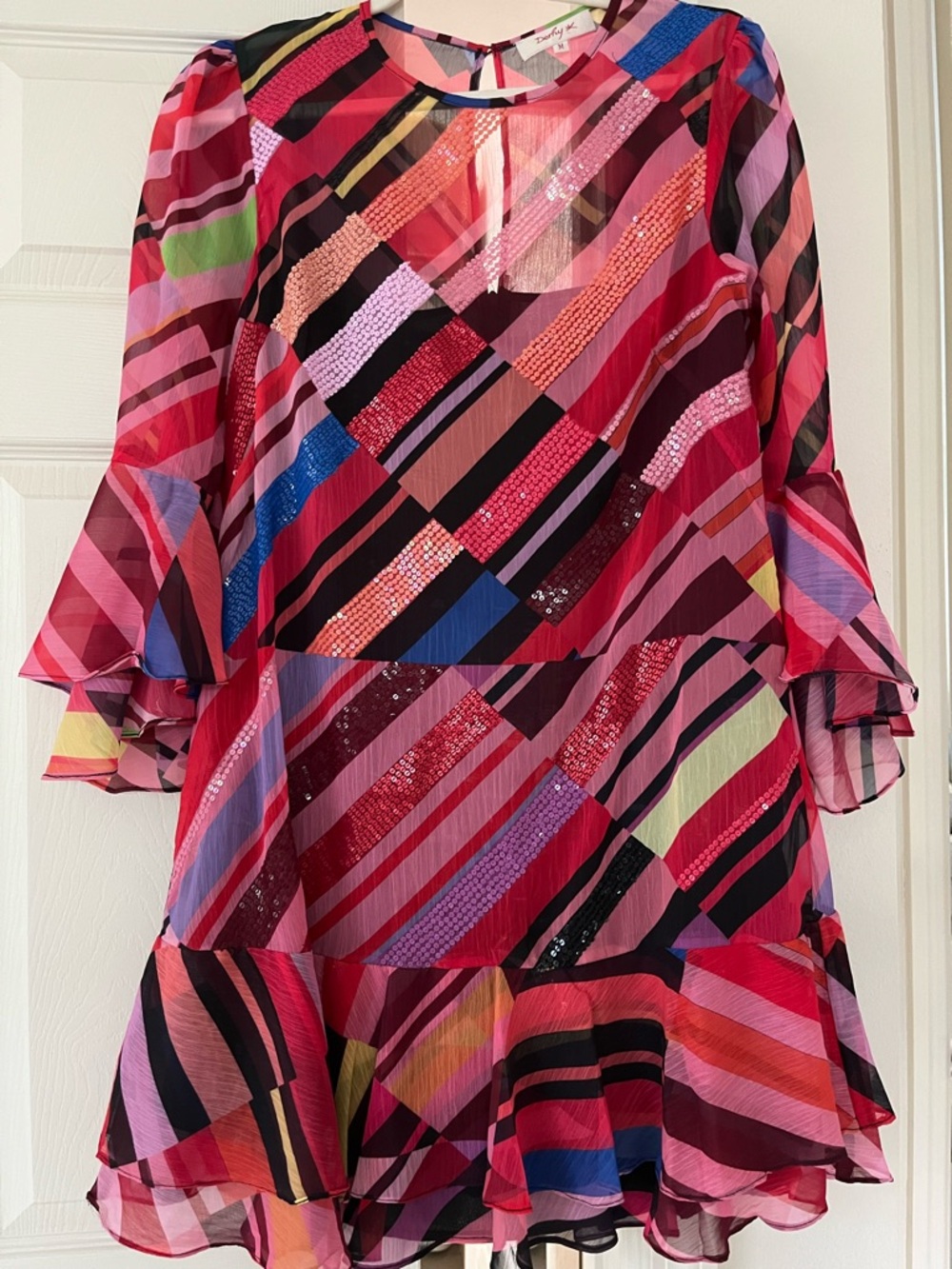 Derhy Vibrant Multicolor Striped Ruffle Dress with sequin size M